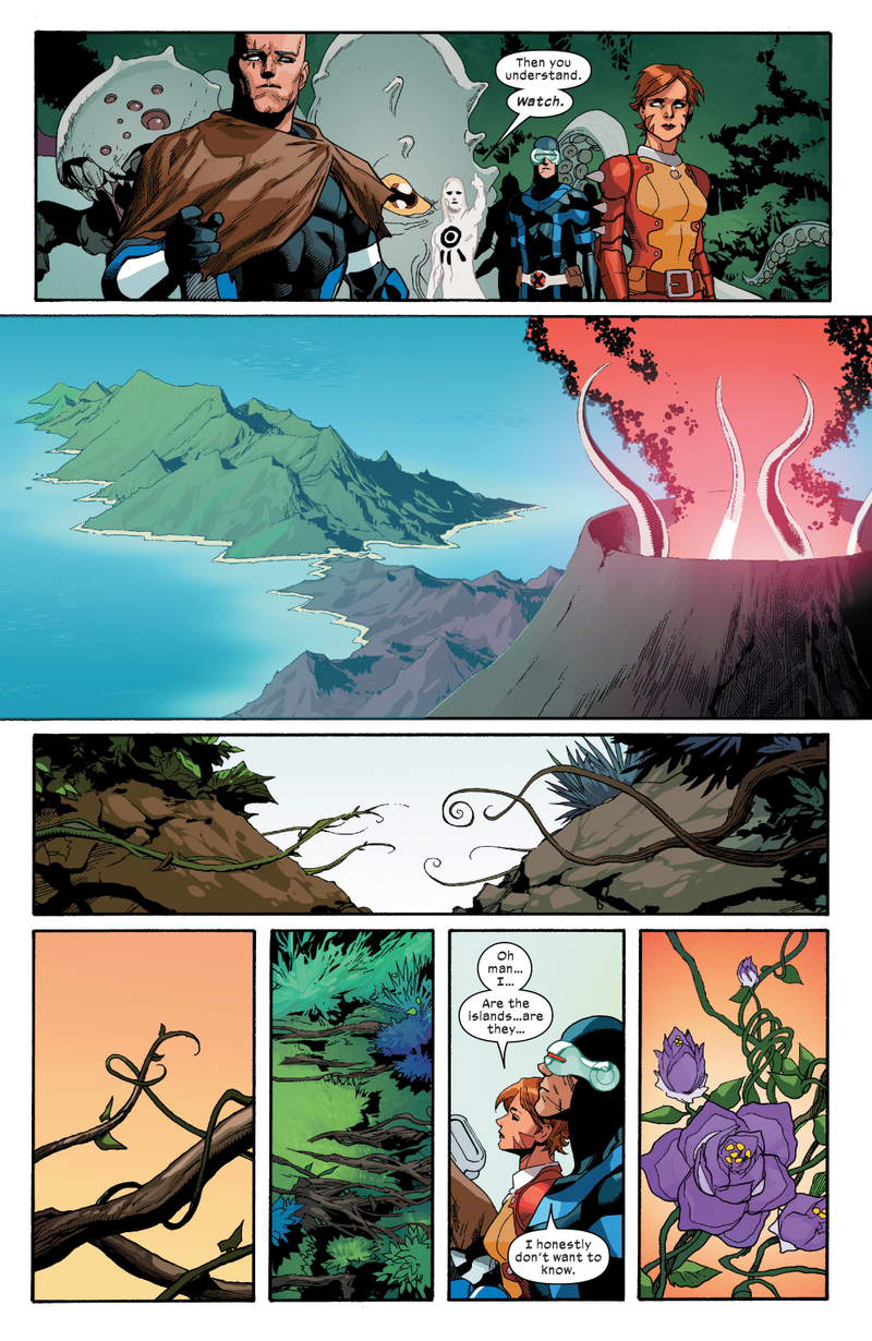 The X-Men and the summoner watching as Krakoa and Arakko have island sex and become one.